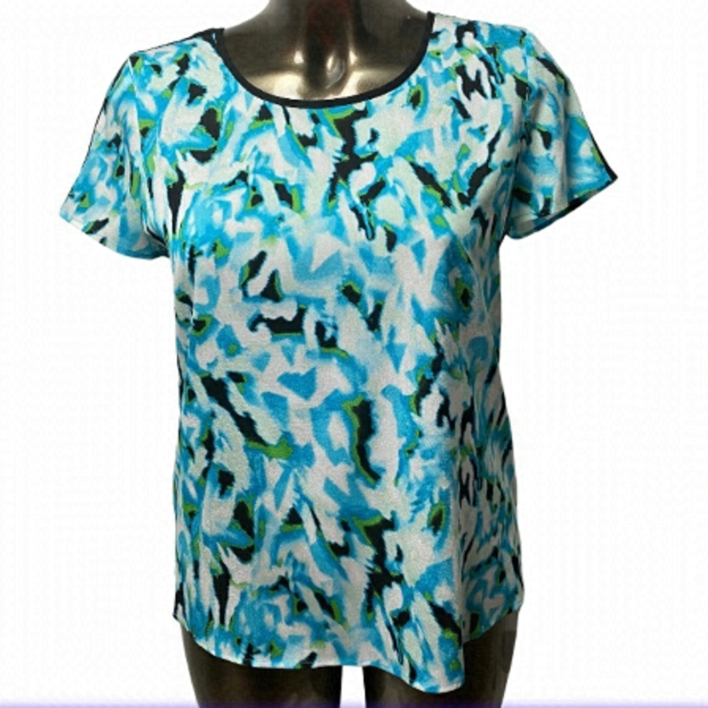 Calvin Klein Round Neck Festive Multi Colour Top Blouse With Black Piping Large